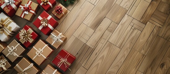Poster - Aerial perspective of festive gift boxes placed on the floor in a room with ample space for text or other content in the picture, known as a copy space image.