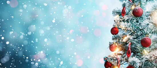 Poster - Festive Christmas banner with a winter-themed widescreen background featuring a decorated Christmas tree against a backdrop perfect for a copy space image.