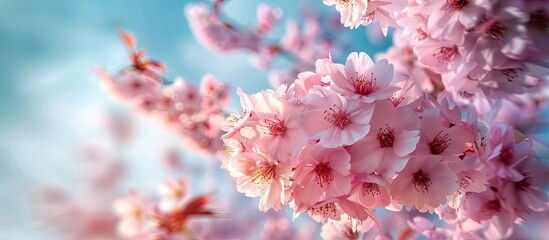 Poster - Cherry blossom sakura tree in full bloom against a blue sky, creating a lovely floral background with copy space image.