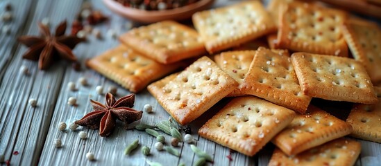 Poster - Crackers with spices displayed on a gray wooden surface, ideal for a copy space image.