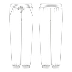 Vector unisex jogger fashion CAD, woman sweatpants with side pockets technical drawing, template, sketch, flat. Jersey or woven fabric trousers with front, back view, white color