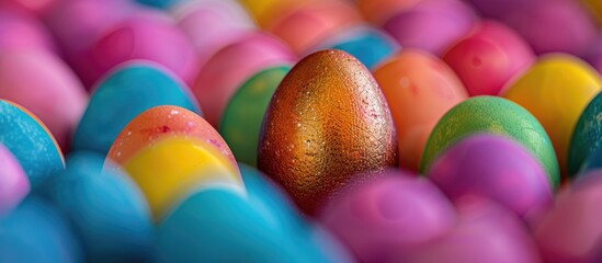 Poster - An Easter egg in brown standing out amid a group of vibrant ones, with copy space image.