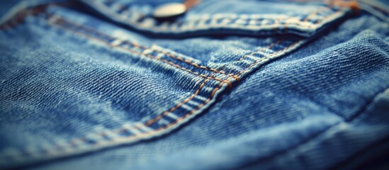 Poster - Close-up image of blue jeans background with a focus on the pocket and label, creating a fashion-themed photo with a copy space image.