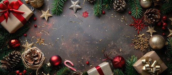 Poster - Festive Christmas background with New Year's decorations and toys in a top view flatlay composition, ideal for a copy space image.