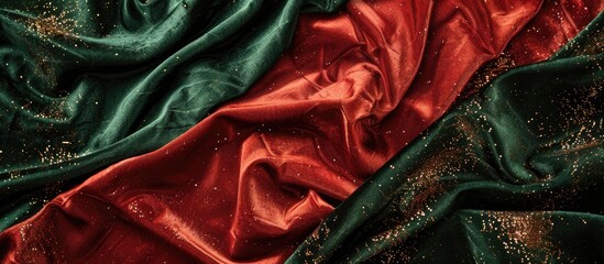 Wall Mural - festive christmas background featuring shimmering red velvet and green fabric with copy space image.