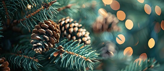 Poster - Cold-tinted, selective focus conifer cones adorning festive spruce decorations, ideal as a copy space image for Christmas and New Year celebrations.