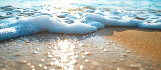 Poster - Close-up view of a sea wave, highlighting white foam on a golden sandy beach by the blue ocean; ideal summer backdrop with ample copy space for images, featuring selective focus.
