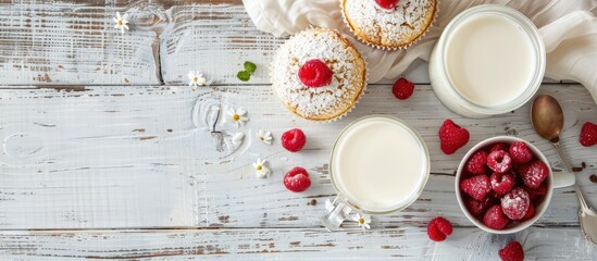 Aufkleber - Breakfast scene with milk, cake on white wood. Healthy food setting. Ideal for text placement with copy space image.