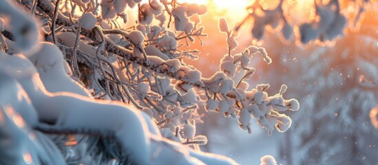 Poster - Close-up image of snow-covered tree branches during a winter storm at sunset with frost and sunlight, perfect as a copy space image.
