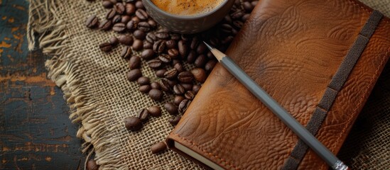 Fototapete - Craft notebook with a leather cover and a gray pencil displayed on a coffee background with ample copy space image.
