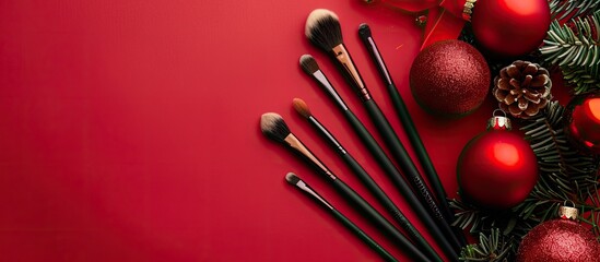 Poster - Christmas party makeup concept with a set of makeup brushes and Christmas ornaments on a red background in a top view copy space image, featuring professional makeup tools.
