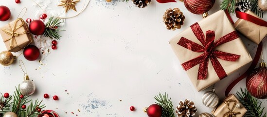 Poster - Festive Christmas card featuring a gift box, holiday ornaments, and a white backdrop with copy space image.