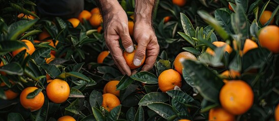 Poster - Detailed image showing a gardener's hand inspecting the quality of an orange in an orange field garden, with abundant space for writing. image with copy space
