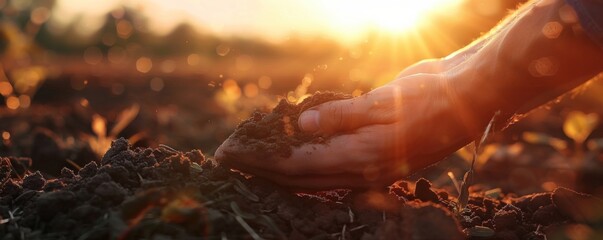 Farmer dirty hands on bio farm in nature, farming concept panorama banner. Generative AI.