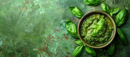Poster - Close-up of a delicious bowl of pesto sauce on a green backdrop with ample copy space image.