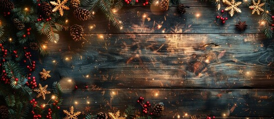 Poster - Festive Christmas decoration on wooden backdrop with copy space image available.