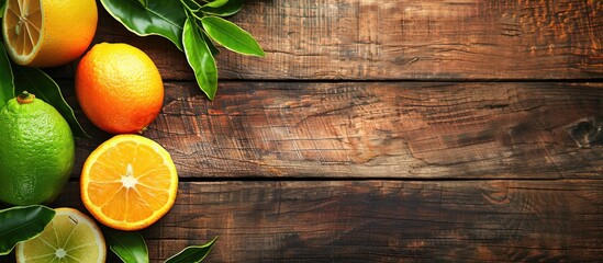Poster - Citrus fruits with lush green leaves on wood background for copy space image.