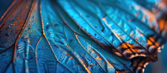 Poster - Close-up image of Ulysses butterfly wings with a unique texture creating a background suitable for copy space with a selective focus.