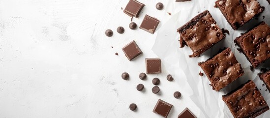 Poster - Delicious chocolate cheese brownies on white paper with copy space image, ideal for recipes, articles, or baking content.