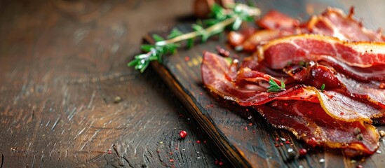 Aufkleber - Bacon slice on a rustic table as a food background with copy space image, suitable for eating or cooking as an appetizer or meal.