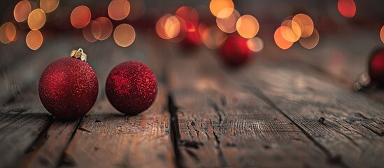 Poster - Christmas balls on a rustic wooden backdrop for festive occasions, providing a holiday ambiance with space for text or imagery and a blurred background. image with copy space
