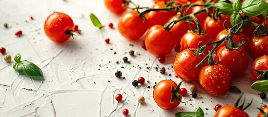 Poster - Cherry tomatoes and other ingredients arranged on a food background for a menu concept with copy space image.