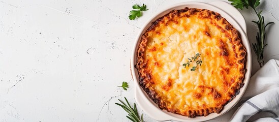Poster - An overhead view of a classic shepherd's pie on a white backdrop showcasing rustic elements, emphasizing English culinary traditions with copy space image.