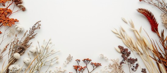 Wall Mural - Dried flowers, spikelets, and twigs arranged on a light background with copy space image, top view, flat lay, special focus, and closeup perspective.