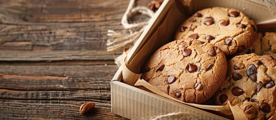 Poster - Cookie bread displayed in a box on a wooden table, creating a charming scene with copy space image available.