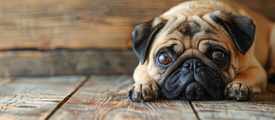 Poster - Closeup portrait of a purebred Pug on a wooden background with ample copy space image.
