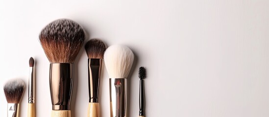 Poster - Decorative cosmetics and brushes arranged on a white backdrop with copy space image.