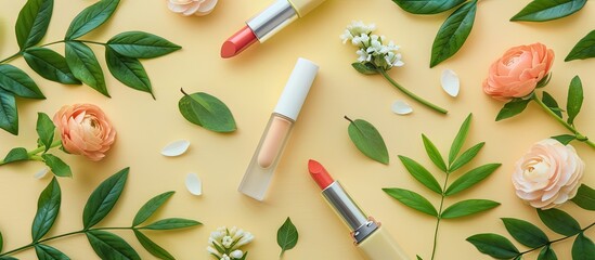 Poster - Flat lay composition featuring various lip glosses, green leaves, and flowers set against a soft, pale yellow backdrop with copy space image.