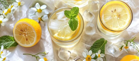 Poster - Close-up of cold lemon drink with ice, mint, slices, and white flowers on a linen tablecloth, ideal for a horizontal banner with ample copy space image.