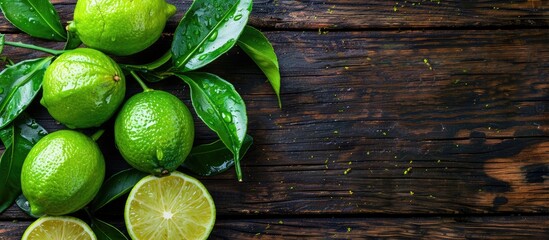 Poster - Close-up of fresh ripe limes and green leaves on a wooden table with ample copy space image.