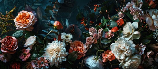 Poster - Floral arrangement and forest elements adorn colored backdrop in a composition with copy space image.