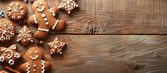 Poster - Delicious gingerbread cookies displayed on a rustic wooden backdrop with copy space image.