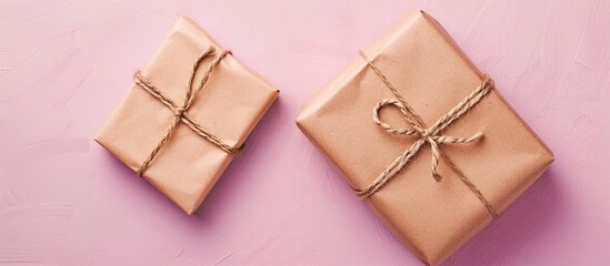 Poster - Celebrate with a warm and inviting background containing a gift wrapped in brown paper on a soft pink surface in a top view copy space image.