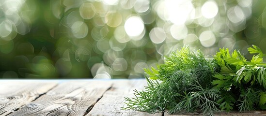 Poster - Closeup of dill and parsley on a light wooden table creating a picturesque copy space image.