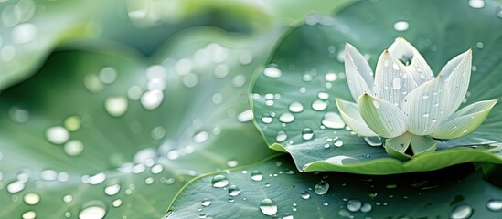 Aufkleber - Copy space image of a lotus flower with water droplets on a leaf in the background.
