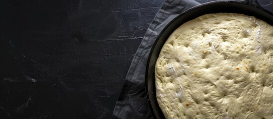 Poster - Copy space image of homemade organic Focaccia dough rising in a skillet iron pan against a black background.