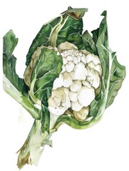 Wall Mural - Watercolor of Cauliflower with Green Leaves Representing Freshness and Farm-to-Table