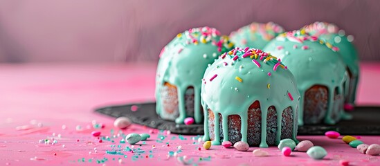 Poster - Close-up of Aqua Menthe-painted Easter cakes with confetti, icing crumbs on a pink background, on a black surface. Morning baking scene with an Easter card and copy space image.