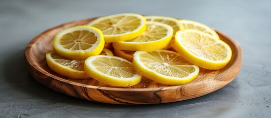 Poster - An artistic arrangement of lemon slices on a wooden plate with copy space image available.