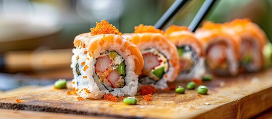 Aufkleber - Close-up shot of Japanese sushi rolls with chopsticks on a wooden cutting board in a sushi bar kitchen, all against a copy space image.