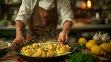 Wall Mural -   Cooking food on a table with lemons, garlic, and garlic bread in a pan