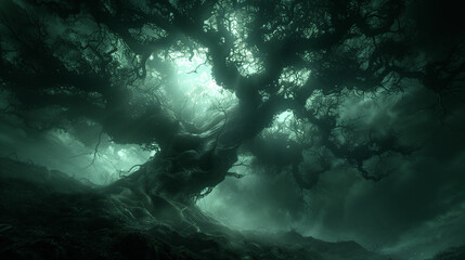 Wall Mural - A dark, eerie forest with a large, twisted tree at the center. The scene is illuminated by a mysterious greenish light, creating an ominous and mystical atmosphere.