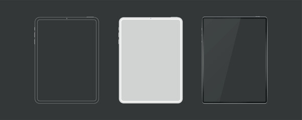 Wall Mural - Tablet mockup with blank screen in realistic, clay, flat vector, outline style. detailed tablet mockup, black and white models smartphone front view, model 3D mobile phone, ui, ux - vector