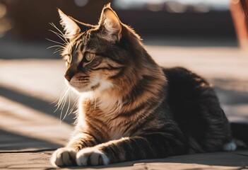 Poster - AI generated illustration of a tabby cat sitting outdoors in sunlight