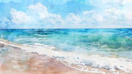 Poster - Watercolor painting of blue ocean waves crashing on a sandy beach, with a cloudy sky and a tranquil, serene atmosphere