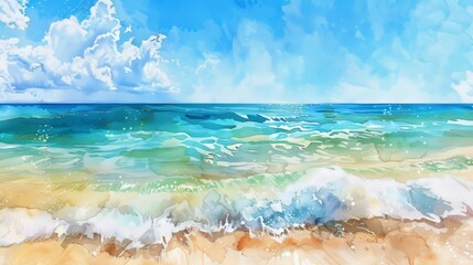 Sticker - Turquoise sea gently crashing on a sandy beach with fluffy white clouds in a blue sky in a watercolor painting illustration style